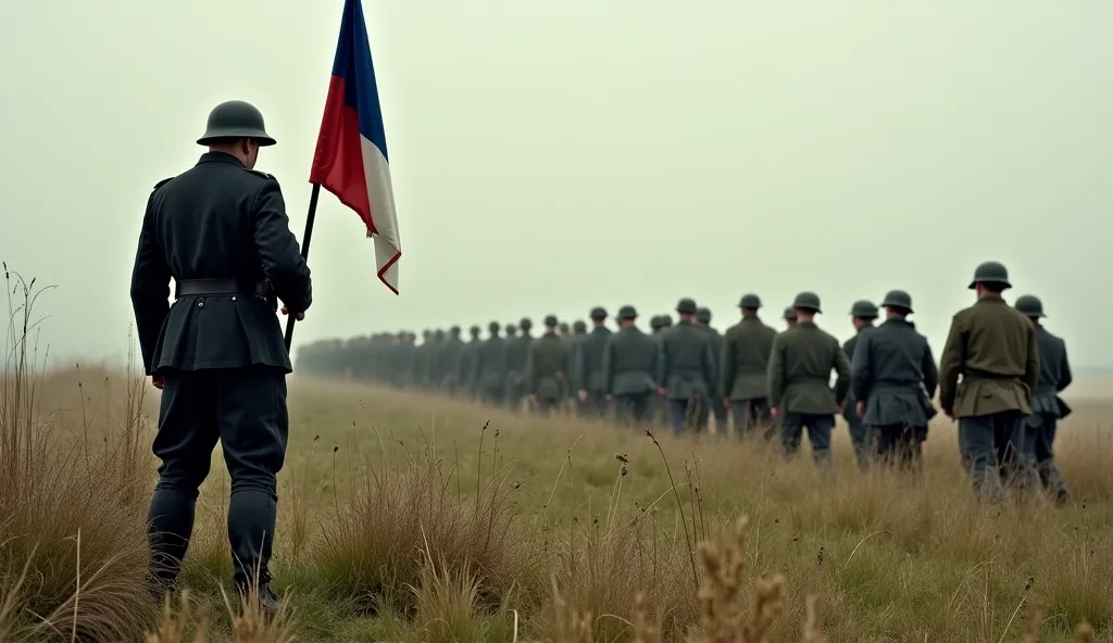 On one side, a soldier in black clothes is a French soldier and he also has a French flag and is very close to it, and on the other side, German soldiers are standing in the grass, wearing green clothes, and there are many like them and they fight with eac...