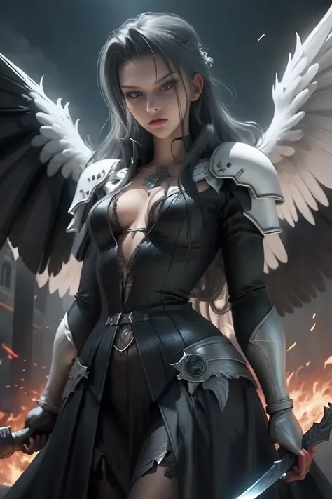 a woman in armor holding a sword and a sword, angel knight gothic girl, villainess has black angel wings, detailed fantasy art, angel knight girl, epic fantasy art style hd, 4k fantasy art, dark armor, stunning armor, hd fantasy art, deathknight, 8k fantas...