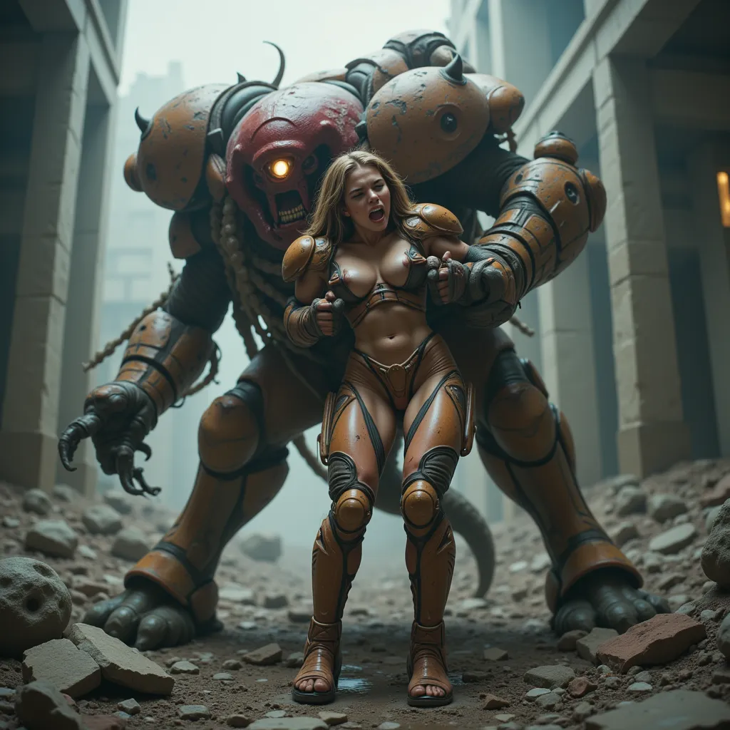 high resolution, masterpiece, photo realistic, surrealism Samus Aran video game character of Metroid, winning scene, wearing worn out, damaged, battle suit without helmet, exhausted and hopeless expression, hugged and highly lifted up by a big creepy monst...