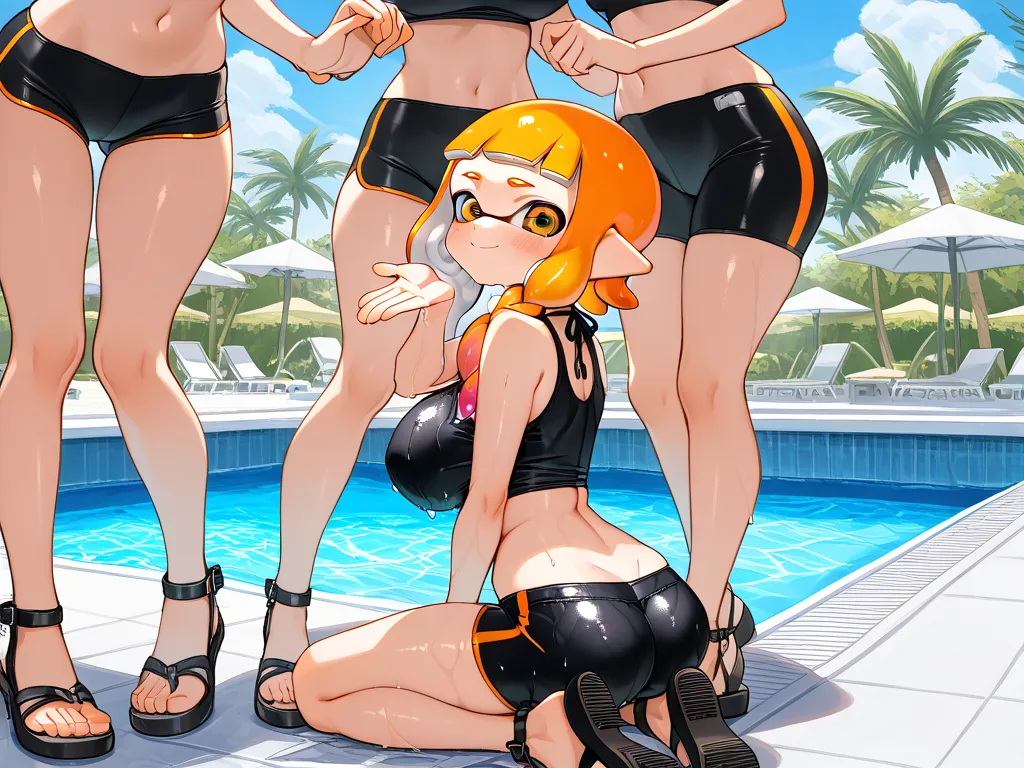 ( Masterpiece),  top quality,  expressive eyes,  Perfect Face, 3 girls,inkling girl, Splatoon , big breasts, wide hips,  thin waist, (  Sexy girl),black crop top, spandex shorts,With ribbon, , salon, Heeled Sandals,  good_feet, blanking,smile,Swimsuit mode...