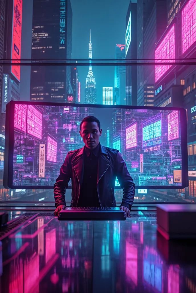 Create a futuristic cyberpunk setting integrating the person in the image, without altering its physical characteristics. The scene must portray a vibrant city, illuminated by neons, with skyscrapers covered in holograms, digital advertisements and data fl...