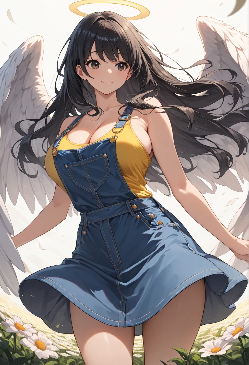 masterpiece, best quality, cowboy shot, solo, 1girl, long hair, silky hair, black hair, large breasts, hazel eyes, Smile, Closed mouth, Super Detailed, baggy yellow tank top, Halo, angel wings, blue overalls skirt, strong wind, cleavage, High Details, flow...