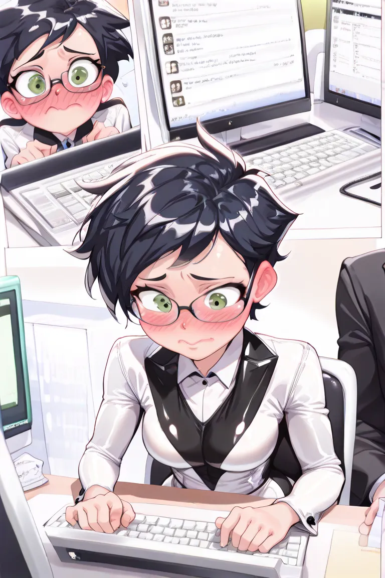 masterpiece,best quality, absurdres, (close-up:1.2), ((1girl)), dani phantom, medium breasts, hips, short hair, wavy hair, spiky hair, petite, ((tomboy clothes, glasses)), black hair, messy hair, green eyes, receptionist desk, sitting at desk, ((suit, fanc...