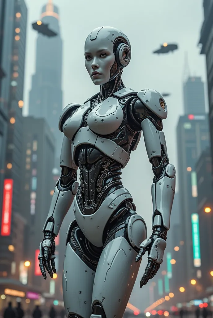 menga robit kerak, humanoid robot, full body, detailed facial features, intense robotic gaze, gleaming metallic body, complex mechanical limbs, intricate circuitry, advanced technological components, imposing and powerful presence, standing in a futuristic...