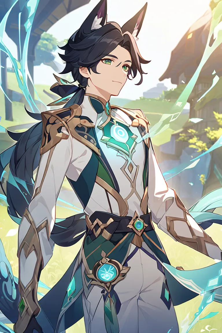 anime adult male, long wavy curls hair, black hair, lower ponytail, green eyes, long fox ears and tail, genshin impact outfit of Sumeru Vision Dendro, genshin impact characters