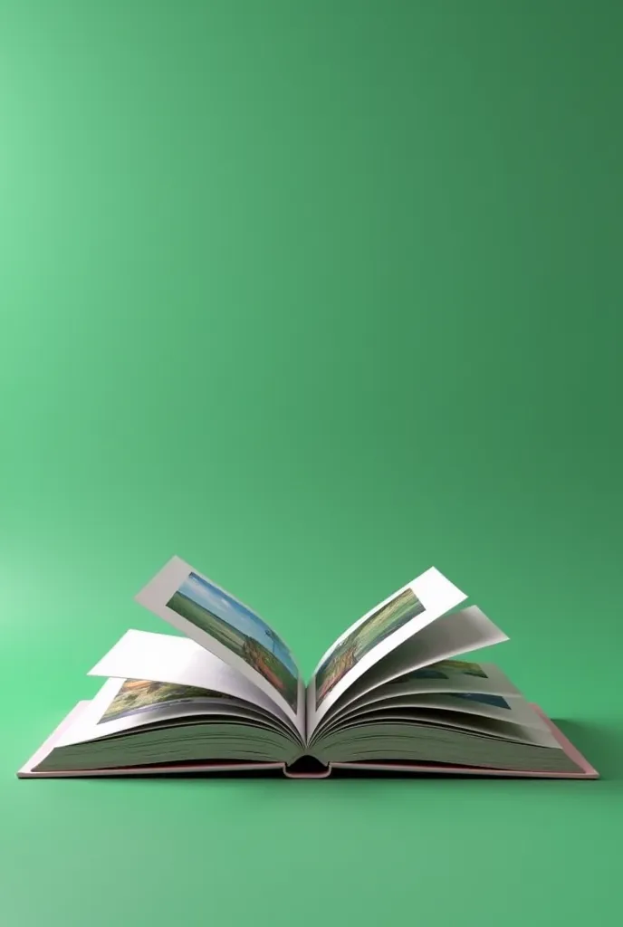 Create a realistic 3D animation of a book flipping through its pages, with each page revealing a new photo. The pages should turn smoothly, mimicking a natural page flip effect. The background should remain consistent throughout the video but with a green-...