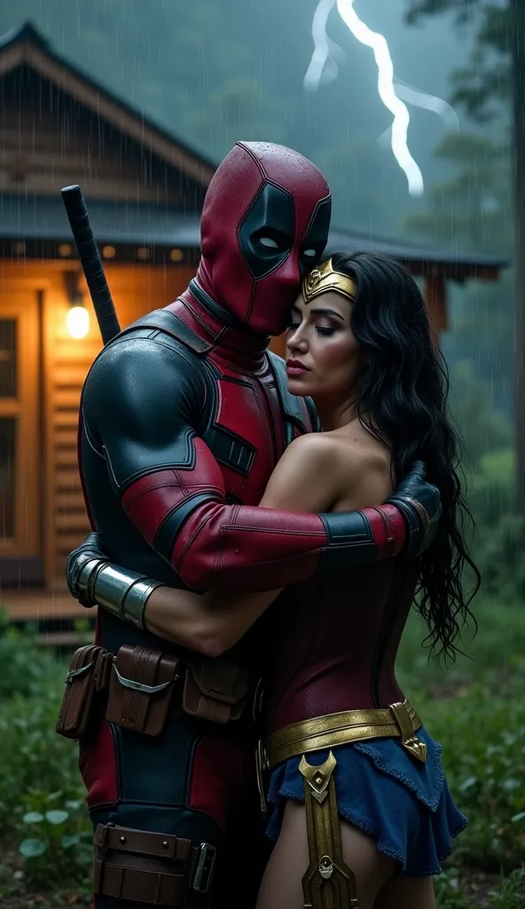 A cinematic and realistic scene showing Deadpool and Wonder Woman embracing in heavy rain. Deadpool, with her iconic red and black costume, Hold the heroine firmly,  while Wonder Woman , wearing her classic gold armor, red and blue, rest her head on her sh...