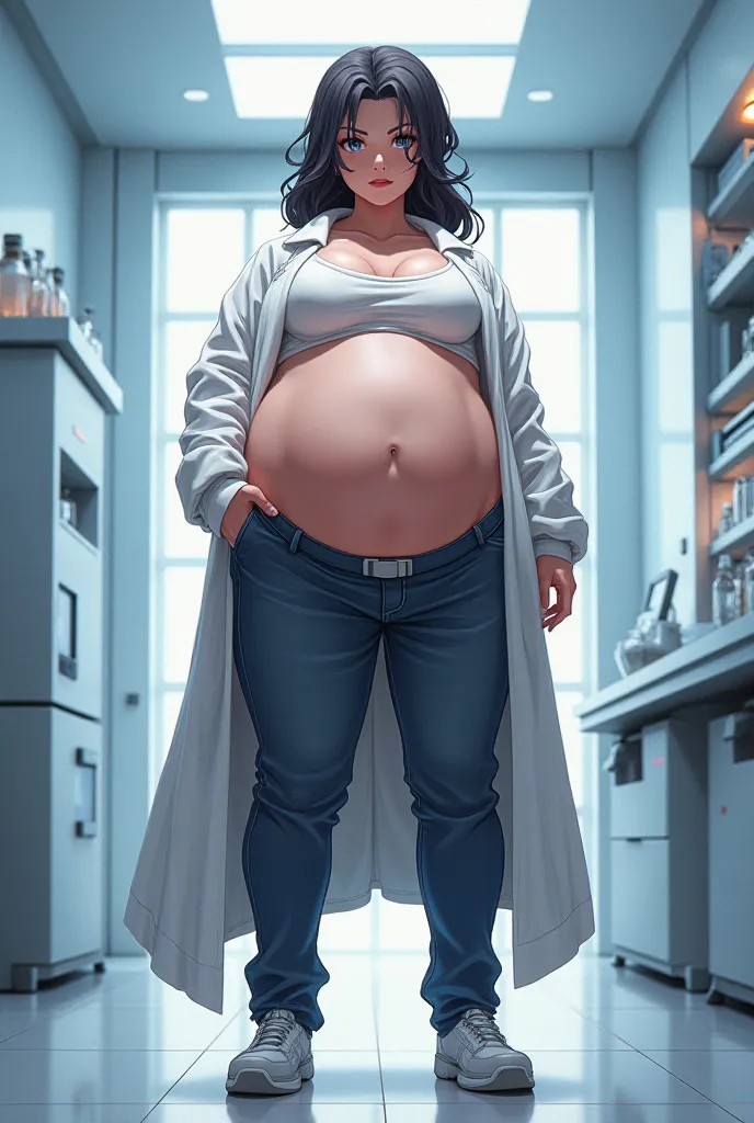 Create an anime image of scientific waifu with a large, burly body and a very large and wide belly