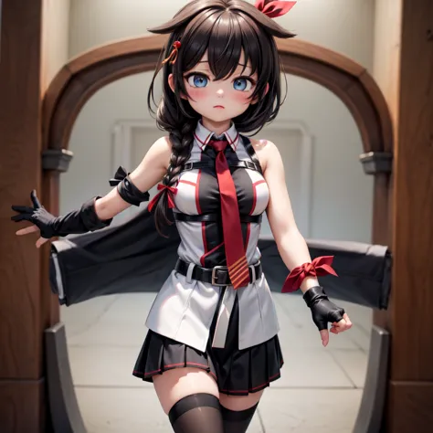 ShigureKaiSanKC, (sleeveless) shirt, (black and white) two-tone shirt, (black) pleated skirt, (black) thighhighs, (red) necktie, (white) belt, (black) fingerless gloves, (red) hand ribbon