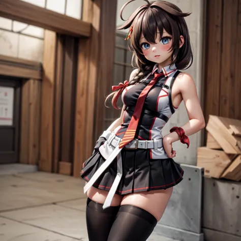 ShigureKaiSanKC, (sleeveless) shirt, (black and white) two-tone shirt, (black) pleated skirt, (black) thighhighs, (red) necktie, (white) belt, (black) fingerless gloves, (red) hand ribbon
