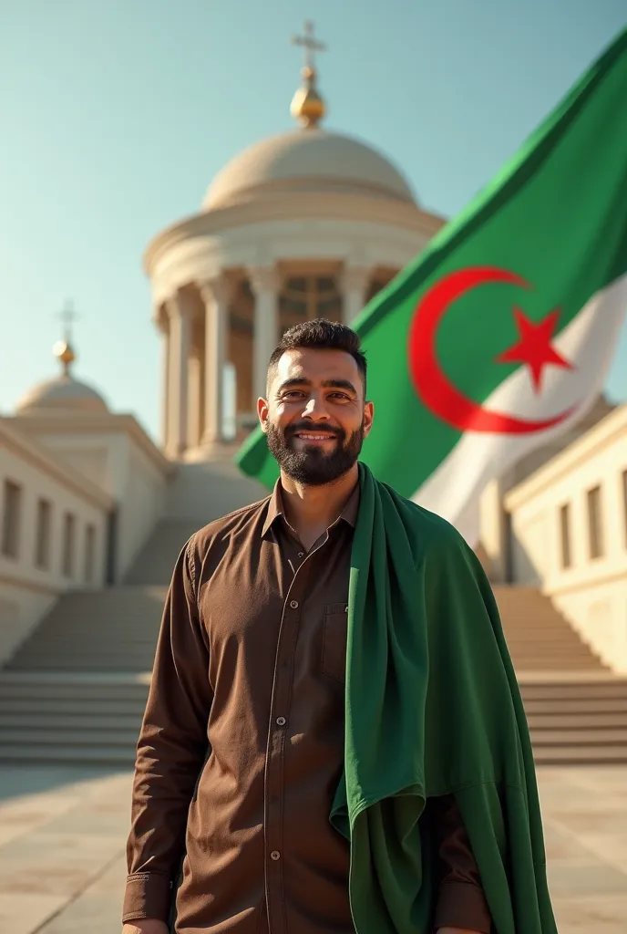 A man stands and smiles at the camera with the shrine of the martyr in Algeria and a beautiful flag for Algeria 🇩🇿