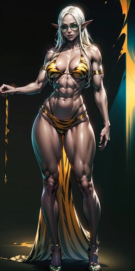 Full body, masterpiece, 1solofemale DROW elf purple skin standing dynamic pose (yellow tiger bikini) long white hair, strong body, abs, navel, shinny skin, smooth and silky skin, black sunglasses (green background)