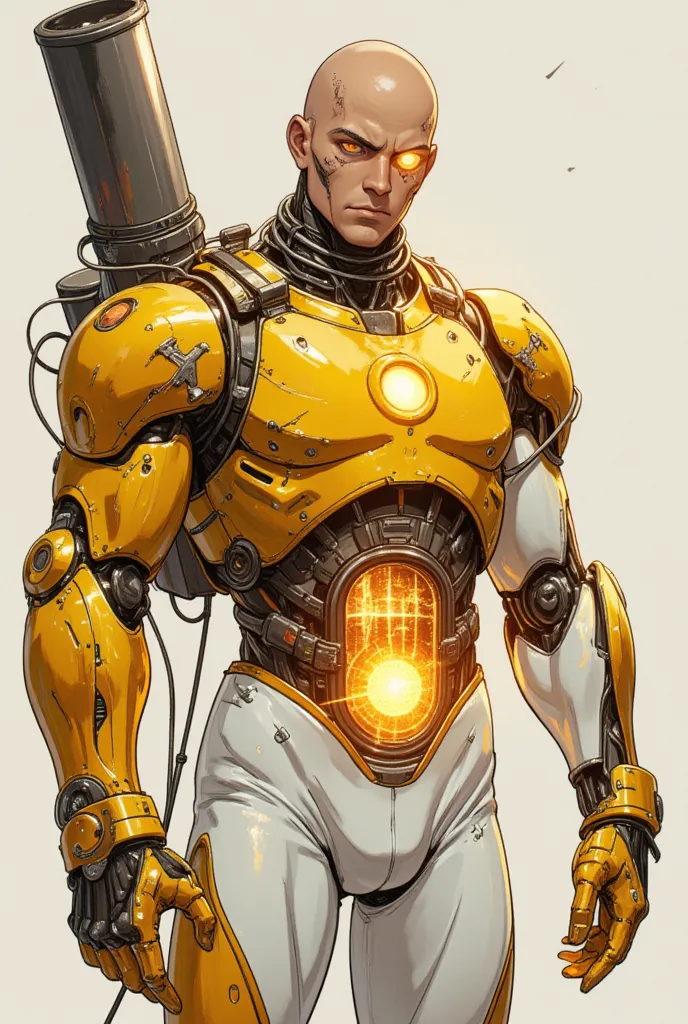 illustrate a male cyborg with golden metal surfaces, his left arm is a cylindrical cannon with heavy cords and hoses running up his arm to his shoulder. His right arm is normal human and covered in a tight white leotard. His golden chest contains a glowing...