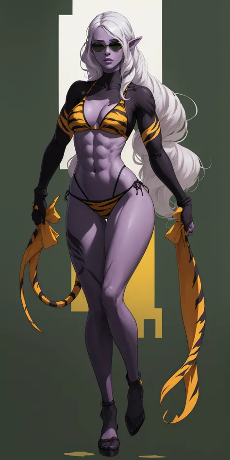 Full body, masterpiece, 1solofemale DROW elf purple skin standing dynamic pose (yellow tiger bikini) long white hair, strong body, abs, navel, shinny skin, smooth and silky skin, black sunglasses (green background)