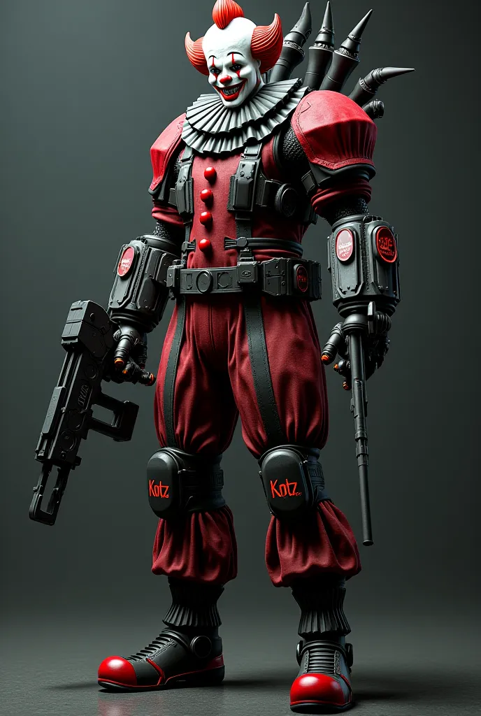 Diabolical clown in military uniform and exoskeleton for a 3D video game with weapons that have the words KOTZ on his uniform