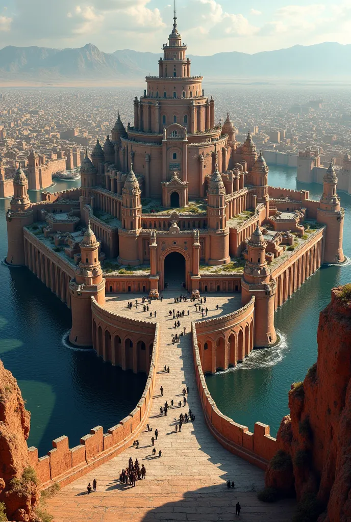 Photorealistic, Game of Thrones City. a city surrounded by three walls: THE OUTSIDE, in the shape of a horseshoe, is made of reddish sandstone and adorned with bas-reliefs of animals; the intermediate, of twelve meters, it is made of gray granite and shows...