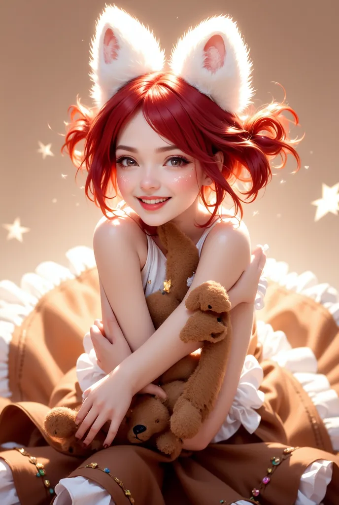 full body,  active pose, slow motion, (facing camera)
Imagine a sophisticated and elegant girl. She has soft skin, small golden sparkles on the cheeks, shining as if in the sun. red hair , with white strands. There are two rabbit ears on the head. The girl...