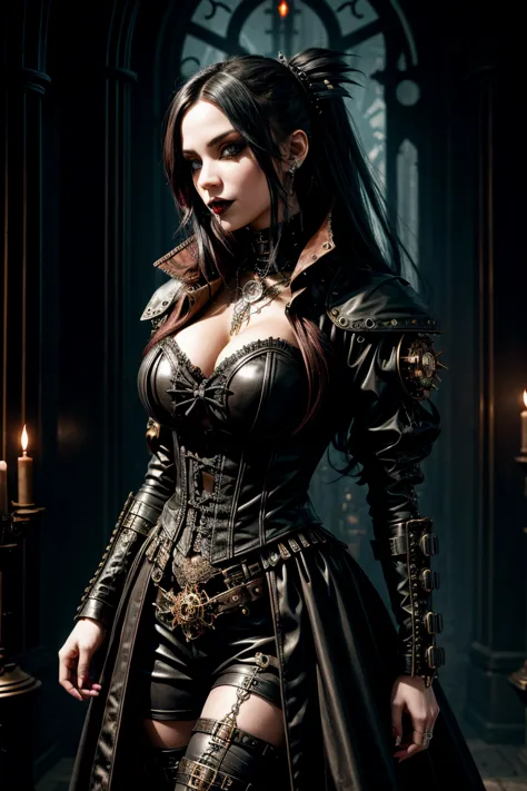  gothic aesthetics , a combination of styles ,  Gothic combined with Steampunk ,  Gothic castle in the Twilight Zone , cyber vampire with iron vampire teeth, gothic cyberpunk, (gothic:1.3) in combination with ( steampunk:1.3),  Dark-Palette und Gothic-Pale...