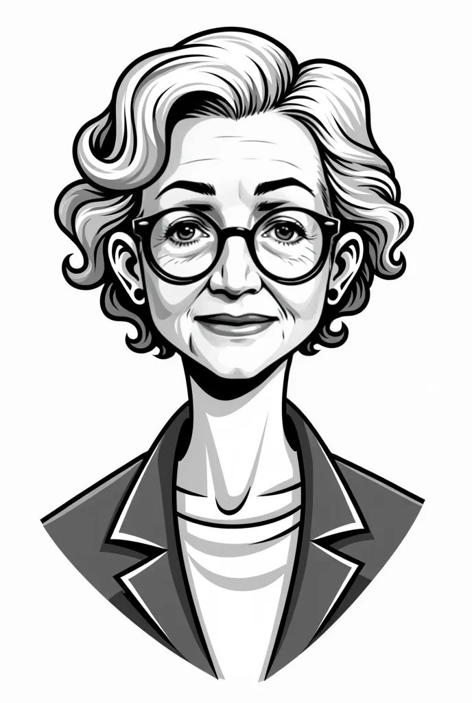  high-definition monochromatic vector illustration in a flat, stencil-like style. The image features an elderly woman with short, wavy gray hair, wearing round glasses with a thin frame. She has a kind yet wise expression, with soft facial wrinkles and del...