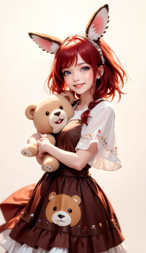 full body,  active pose, slow motion, (facing camera)
Imagine a sophisticated and elegant girl. She has soft skin, small golden sparkles on the cheeks, shining as if in the sun. red hair , with white strands. There are two rabbit ears on the head. The girl...