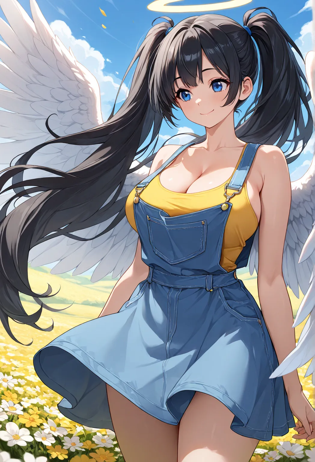 masterpiece, best quality, cowboy shot, solo, 1girl, long hair, silky hair, black hair, double sided ponytail, large breasts, blue eyes, Smile, Closed mouth, Super Detailed, baggy yellow tank top, Halo, angel wings, blue dress with overalls, strong wind, c...