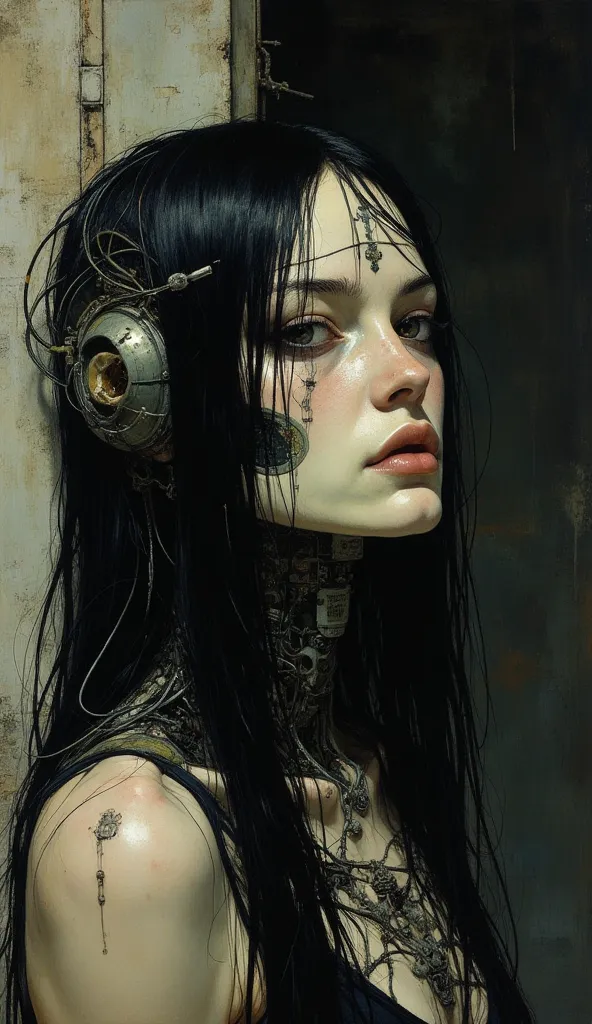 Close-up of a woman, cyborg wires, long black hair, sleeveless
 Leans against the wall
 dark background, Shadow, Spirit , skull, Mainframe
 Kunst von Jean Giraud Yoshitaka Amano Bill Sienkiewicz 
Ozislaw Beksinski