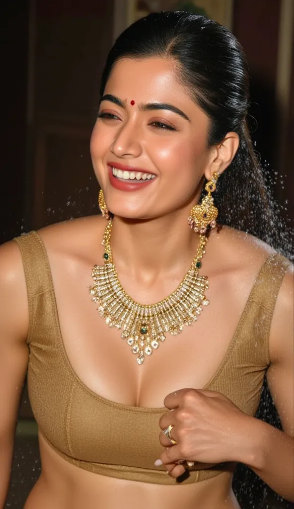 A sexy woman wearing necklace ,big breast ,cleavage, bra, hip, navel, full body full of gold jewellery ,red lipstick vibrant smile ,taking shower of water o her body 