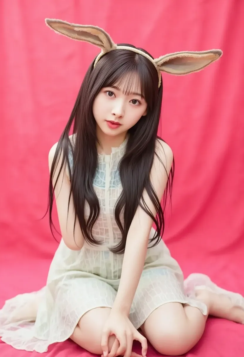 1 girl、animal ears、Artist name、 Asians、bungs、 black hair、brown eyes、brown hair、 dress、偽のanimal ears、Hairband、lips、long hair、in the morning、nose、開いたlips、pink background、rabbit ears、real、 red background 、sitting、 The sleeve is longer than the wrist、smile、sol...