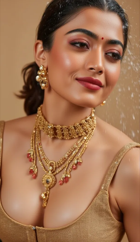 A sexy woman wearing necklace ,big breast ,cleavage, bra, hip, navel, full body full of gold jewellery ,red lipstick vibrant smile ,taking shower of water o her body 