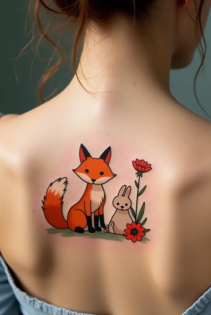 Here's a description of what a tattoo on a woman's back:
 
The tattoo, might look like, featuring a charming scene of a stylized kitsune fox with a small rabbit and red spider flowers, would be located on the upper back of a woman, just below the neck line...