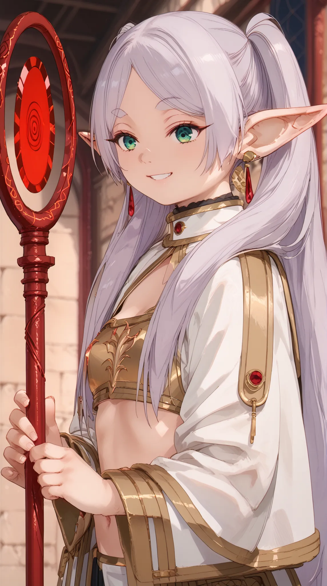 (frieren, long hair, twintails, green eyes, grey hair, pointy ears, elf, small breasts),
, (bikini armor, earrings, magic staff, smile, ), depth of field, confident smile, solo, 1girl, female focus, 748cmstyle, intricate details, castle scenary, outdoors