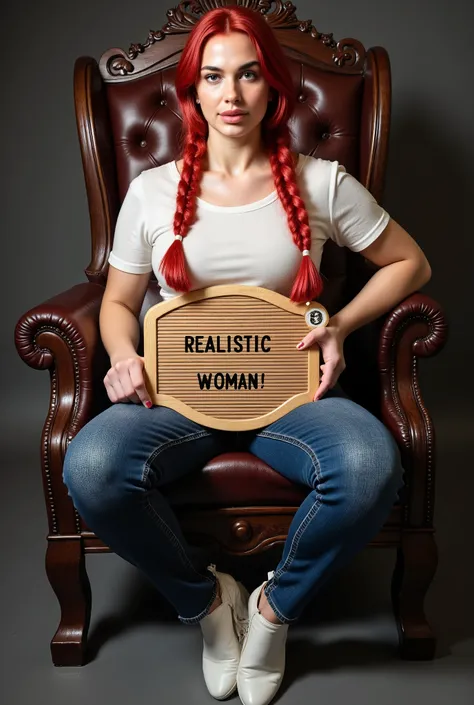 Full body shot, Woman, sitting on a throne, redhead, twin braids, white tshirt, jeans, white shoes, holding a board with wooden accent and text "REALISTIC WOMAN" written on it