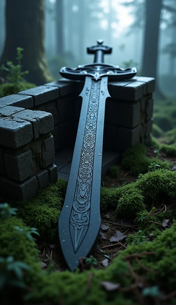 On a dark night under the full moon in the thick forest covered in fog, on the ground covered in moss and grass, an open stone chest is seen. Inside lies a beautiful ancient sword, forged in black steel with runes engraved on it.