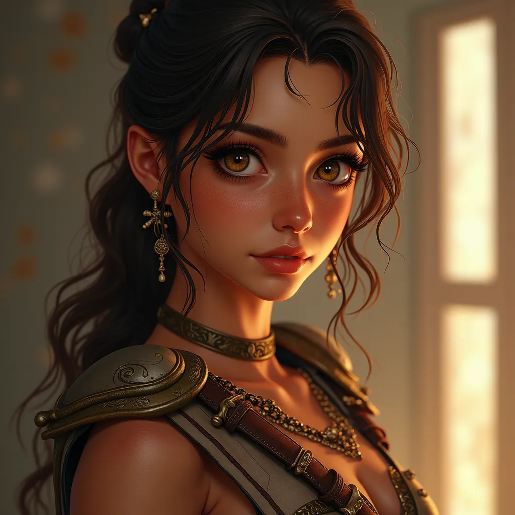  tanned skin , A mischievous warrior,  Little convex nose , she has brown hair, She has golden hazel eyes. With sexy warrior clothes. In the end it's war FX