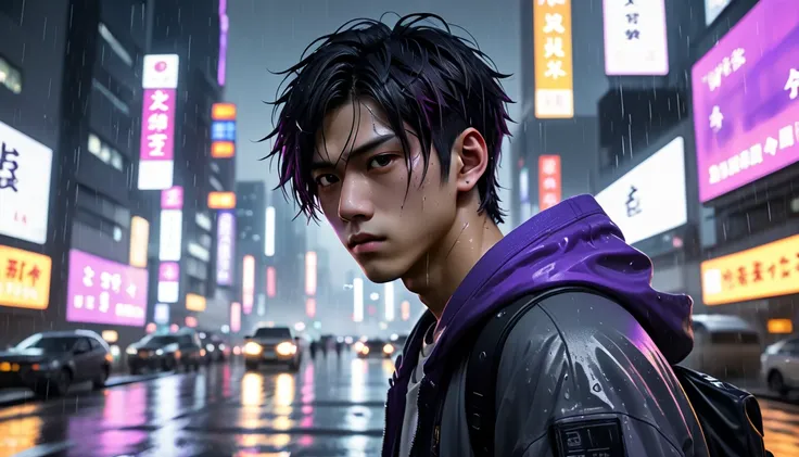 young Japanese young man、hair is partly ash gray、Eye color: black、sad eyes、 purple hoodie、Tokyo on a night when it rains、Skyscrapers、he's wet too,4K High Quality,realistic,dark vibe,Bokeh,HDR,Vivid colors,Strong light and shadow,night view of the city,The ...