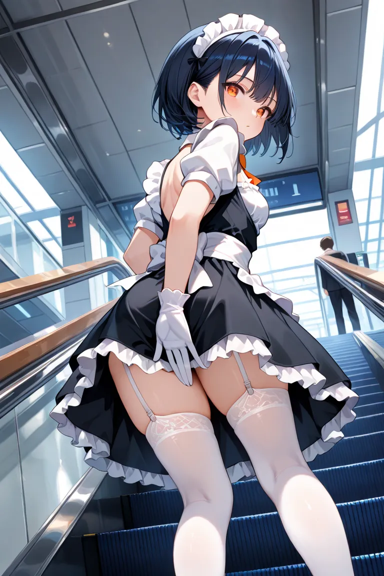 1 girl, 1 person, white high socks,classical black and white maid clothes, maid, dark blue hair, short hair, orange eyes, white lace, gloves, small breasts, dark eyes,white tights, maid headband, long skirt,in station, standing,  garter strap, covering cro...