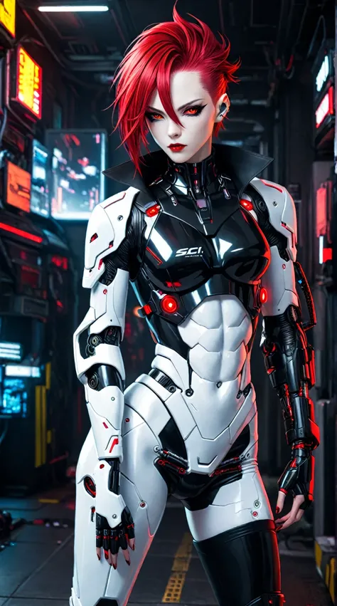 there is a woman with red hair and a black jacket, cyborg fashion shot, muscular! cyberpunk, attractive androgynous humanoid, white cyborg fashion shot, androgynous vampire, cyborg fashion model, [ rigidly defined abs ]!!, cyberpunk 2 0 y. o model girl, ya...