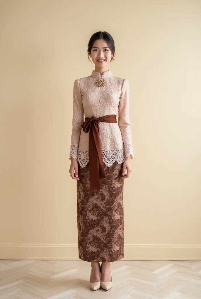  A young woman, likely of Southeast Asian ethnicity, is centrally positioned in the image. She is in her late s or early twenties. The woman is wearing a traditional Indonesian outfit, a  light beige/pink lace top with long sleeves, featuring intricate emb...