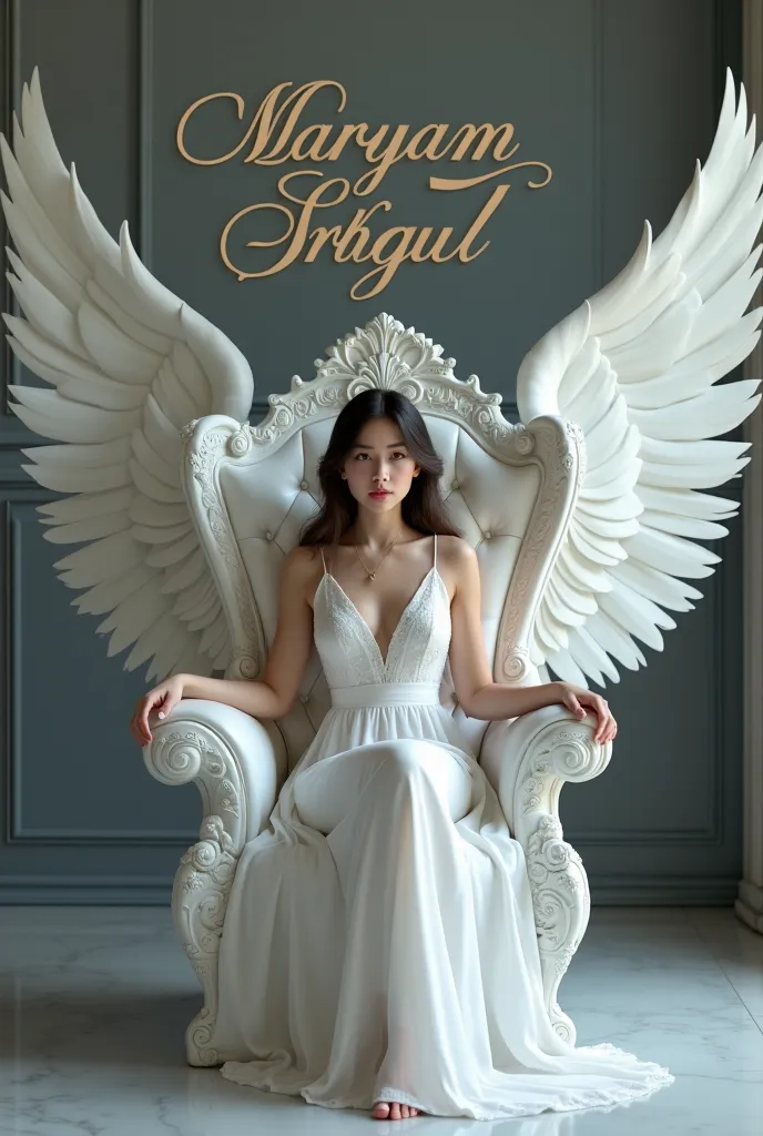 Create realistic image a 33 year's old girl is sitting queen chair with white wings and behim him the colour of the  wall is gray on which  MARYAM SRHGUL written in curve style