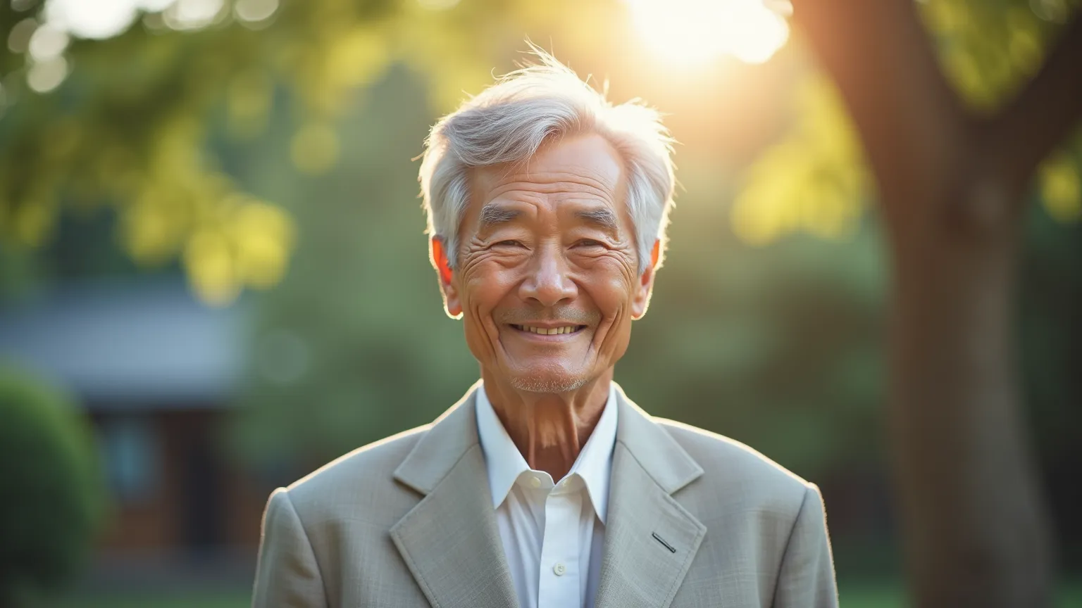 "An elderly Japanese man in his late 60's who is wise and kind, gray hair and a gentle smile. He wears a light suit gracefully, , background facility, tree々 Sunlight Shining Through . his eyes are full of wisdom and peace、
