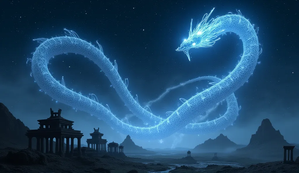 A colossal
ghostly serpent
weaving
through the
night sky, its
glowing eyes
watching over
ancient
civilizations.
ar 16:9