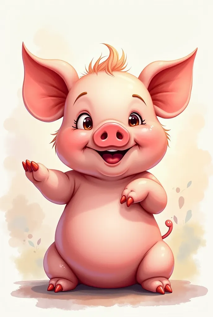 a cute pig, cartoon, ish, watercolor, detailed pig with large eyes and expressive face, friendly and playful pose, vibrant watercolor brushstrokes, soft pastel colors, whimsical and imaginative, 4k, highres, professional digital art, masterpiece, ultra-det...