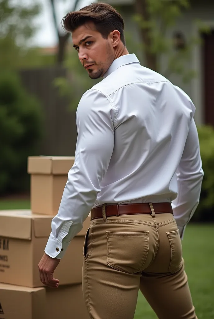 realistic photography, 35-year-old muscular (((athletic man))) , brushed to the side, view From below, nalgon in profile, stripe white formal shirt and very tight khaki jeans, brown belt, in profile, Big butt, viendo a cámara, black eyes, in the yard, sexy...