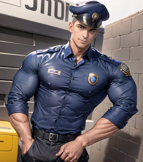 bel homme,  policier bodybuilder,(coupe rasée cheveux courts:1.2),noir eye,sourire,bouche ouverte (uniforme de police de la marine:1.2),(chemise à manches courtes:1.2),col,(chemise recouverte:1.2),(badge nominatif et badge de police:1.3),(chemise sans bout...