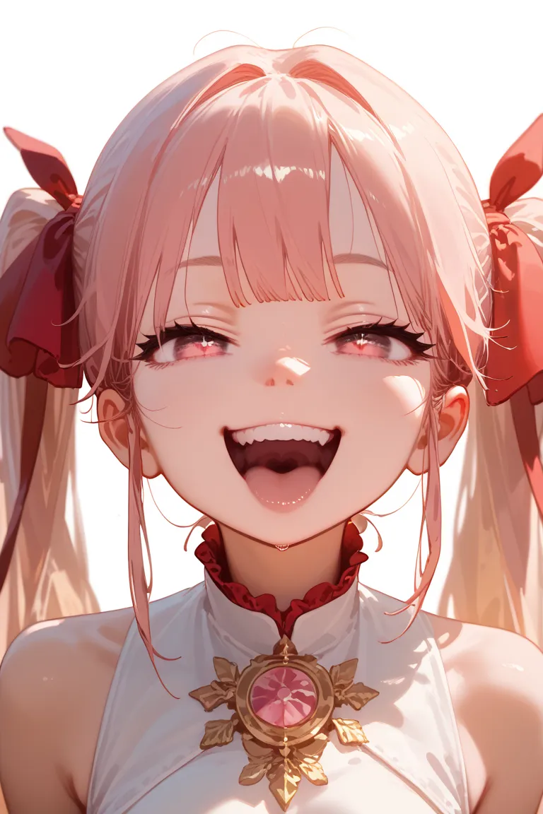 anime,ren,girls, light clothing,solo, long hair, ( Gold), Twin Tails,  quick, smiles, open your mouth, teeth and laugh, pink eyes, droopy eyes, amount,  doya face, A foolish face,naughty face,  double teeth,  cheeky face, ribbon, High Resolution, masterpie...