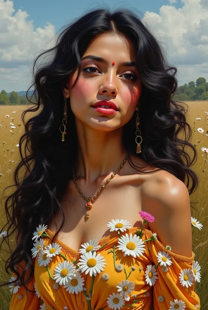 "Create a hyper-realistic painting in the style of classical realism, featuring an Indian woman with fair skin and long dark curly hair, wearing a floral dress adorned with daisies. The scene should have vibrant colors and soft textures resembling oil pain...