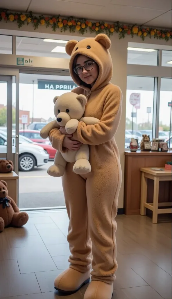 a woman standing in a room, wearing a large teddy bear costume. She is holding a teddy bear in her arms, possibly posing for a photo or participating in a themed event. The room has a teddy bear-themed decoration, with a teddy bear placed on a table and an...