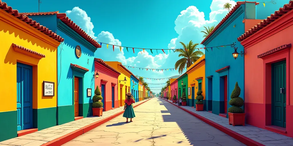 A vibrant and artistic illustration of Pelourinho, Bahia , with its colorful colonial houses in bright shades of blue, yellow, green and red, representing the energy of Bahian culture. The scene should have a modern artistic style, with saturated colors an...