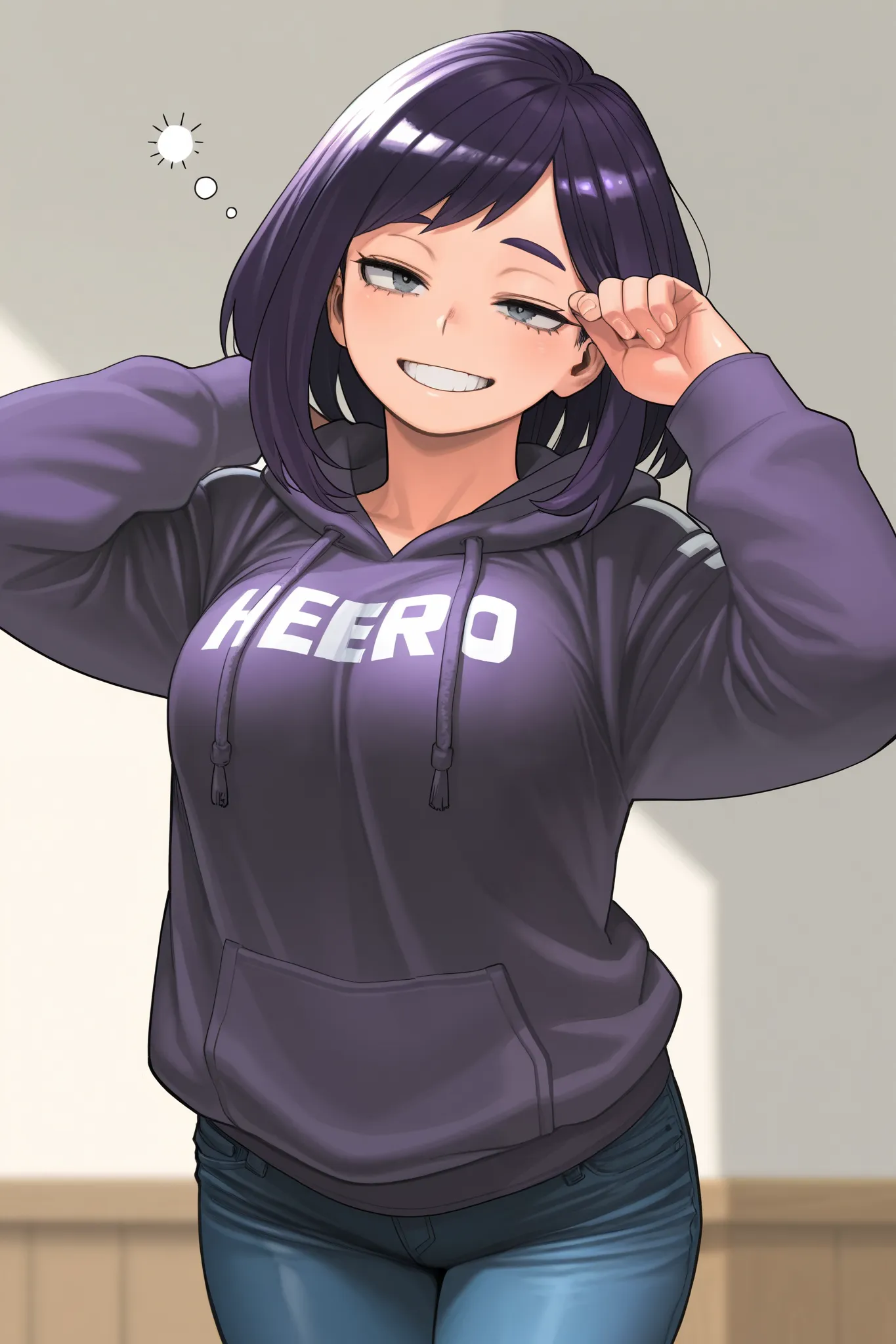 Masterpiece, detailed, high resolution illustration, Horikoshi kouhei, my hero academia, 1 girl, solo, medium hair, swept bangs, purple hair, purple eyebrows, medium breasts, shiny skin, thick thights, sloppy hoodie, jeans, grey eyes, sleepy face, grin