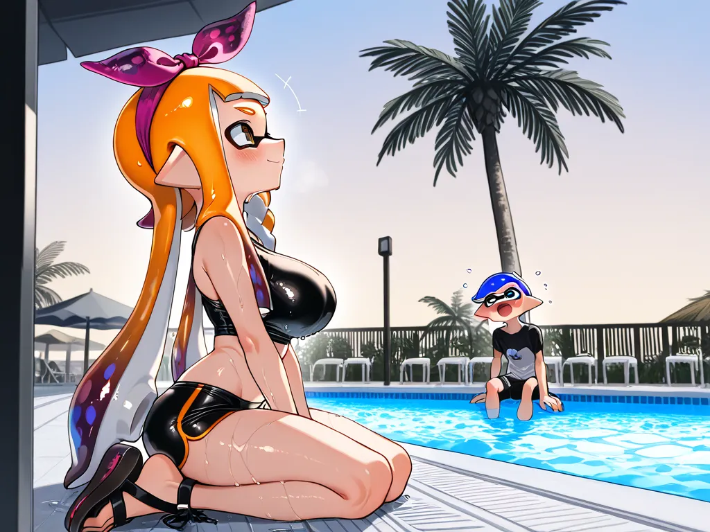 ( Masterpiece),  top quality,  expressive eyes,  Perfect Face, 1 girl, inkling girl, Splatoon , big breasts, wide hips,  thin waist, (  Sexy girl),black crop top, spandex shorts,With ribbon, , salon, Heeled Sandals,  good_feet, blanking,smile,Swimsuit mode...